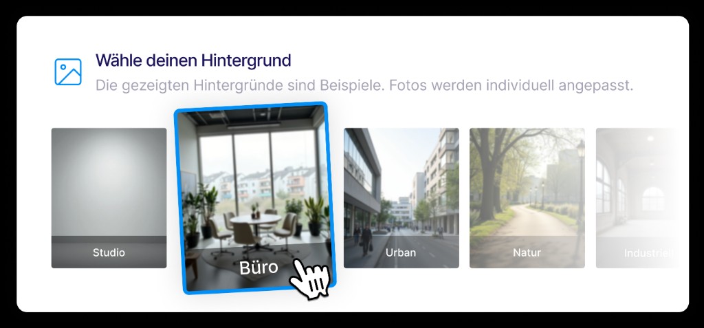 Hintergrund waehlen fuer das Bewerbungsfoto: Studio, Buero, Urban, Natur
